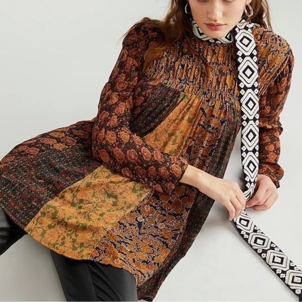 Free People Merrie Mix Print Tunic in Bronzed Combo, size S NWT